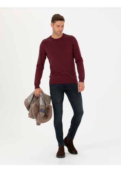 Erkek Bordo Slim Fit Bisiklet Yaka Basic Triko Kazak 50270179-VR014