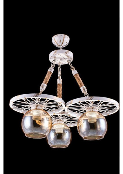 2'li E27 Duy Beyaz Patina Renk Metal Bal Camlı Halatlı Retro Sarkıt Avize