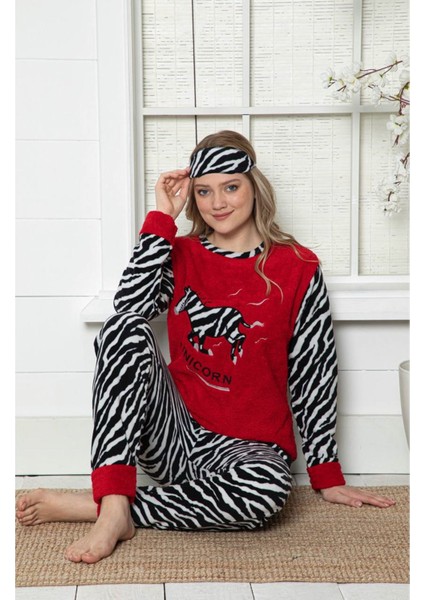 Kadın Zebra Desenli Kırmızı Kışlık Polar Pijama Takımı 9F-20004-1