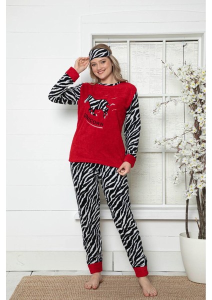 Kadın Zebra Desenli Kırmızı Kışlık Polar Pijama Takımı 9F-20004-1