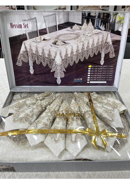 Mevsim Set 12 Peçeteli Kadife Kumaş Fransız Güpürlü 25 Parça Lüks Yemek Takımı