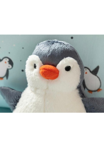 Little Penguin Sevimli Penguen Polyester Bebek Dekoratif Kırlent Uyku ve Oyun Arkadaşı 30X25 Gri