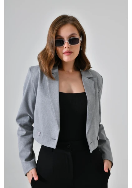 Gri Kruvaze Crop Blazer Ceket