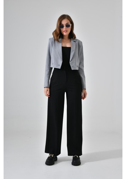 Gri Kruvaze Crop Blazer Ceket