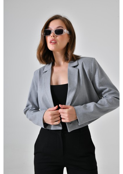 Gri Kruvaze Crop Blazer Ceket