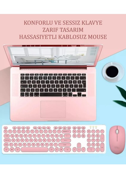 Kablosuz Klavye Mouse Seti Türkçe Q Klavye Sessiz Set Pembe