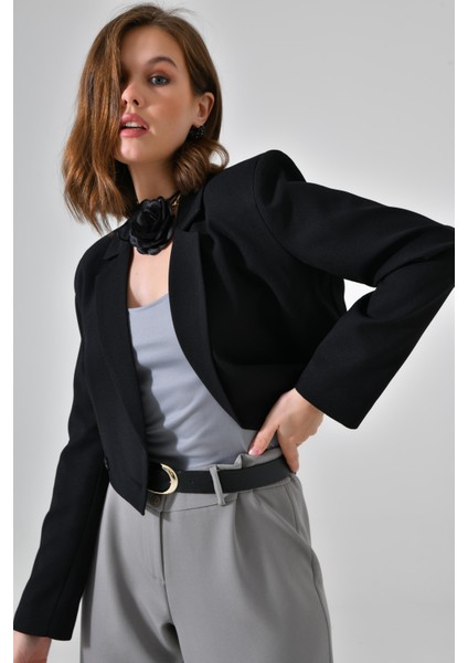 Siyah Kruvaze Crop Blazer Ceket