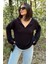 Kadın Siyah Uzun Kol, Duble Manşet, Yırtmaçlı Yaka, Salaş Sweatshirt Bluz 1