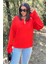 Kadın Kırmızı Uzun Kol, Duble Manşet, Yırtmaçlı Yaka, Salaş Sweatshirt Bluz 1