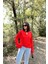 Kadın Kırmızı Uzun Kol, Duble Manşet, Yırtmaçlı Yaka, Salaş Sweatshirt Bluz 5