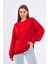Kırmızı Kadın Pamuklu Oversize Basic Bisiklet Yaka Sweatshirt 2