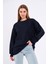 Lacivert Kadın Pamuklu Oversize Basic Bisiklet Yaka Sweatshirt 2