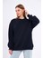 Lacivert Kadın Pamuklu Oversize Basic Bisiklet Yaka Sweatshirt 3