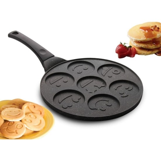 Yeni Granit Döküm Emojili Pankek Krep Tavası 28 cm Gri Dayanıklı Kaplama ile Tek Parça