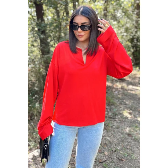 New Laviva Kadın Kırmızı Uzun Kol Duble Manşet Yırtmaçlı Yaka Salaş Sweatshirt Bluz