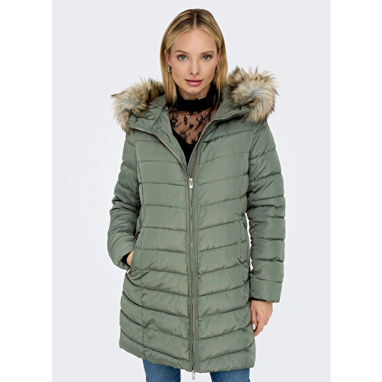 Only Açık Yeşil Kadın Kaban Onlellan Quılted Hood Fur Coat cc O