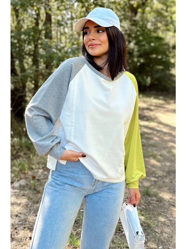 New Laviva Kadın Beyaz Uzun Balon Kol, Yuvarlak Yaka, Kolları Double Color Block Basic Sweatshirt Bluz