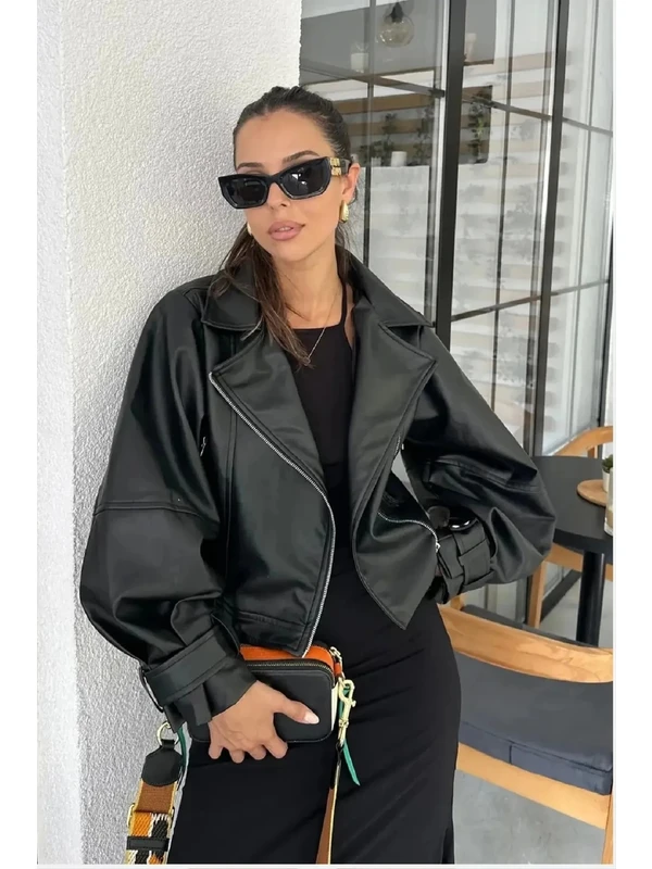 Swana Kadın Siyah Oversize Balon Kol Deri Ceket