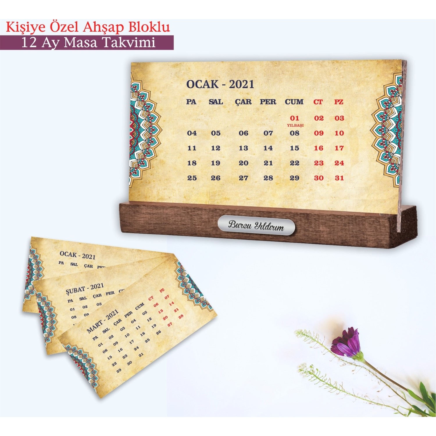 İsme Özel 2021 12 Ay Ahşap Masa Takvimi Fiyatı Taksit