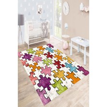 Modanoiva Kaymaz Dot Taban Yıkanabilir  Dijital Baskı Renkli Puzzle Desenli Çocuk Halısı 80 x 120