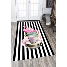 Modanoiva Kaymaz Dot Taban Yıkanabilir  Dijital Baskı Filamingo Fincan Desenli Salon Halısı 60 X 160