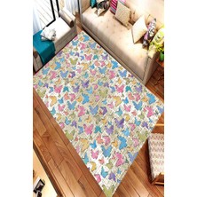 Modanoiva Kaymaz Dot Taban Yıkanabilir  Dijital Baskı Renkli Kelebek Dünyası Salon Halısı 80 x 120