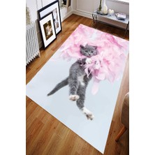 Modanoiva Kaymaz Dot Taban Yıkanabilir  Dijital Baskı Kedi Yavrusu Tasarımlı Salon Halısı 80 x 100