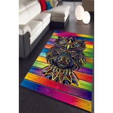 Modanoiva Kaymaz Dot Taban Yıkanabilir  Dijital Baskı Modern Renkler Ve Baykuş Çizimi Salon Halısı 80 x 100