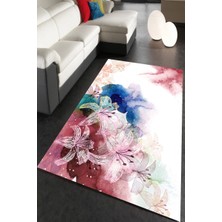 Modanoiva Kaymaz Dot Taban Yıkanabilir  Dijital Baskı Sulu Boya Çiçekler Salon Halısı 80 x 100