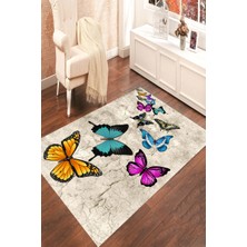 Modanoiva Kaymaz Dot Taban Yıkanabilir  Dijital Baskı Renkli Kelebeler Salon Halısı 80 x 100