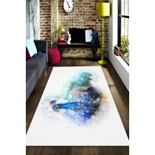 Modanoiva Kaymaz Dot Taban Yıkanabilir  Dijital Baskı Suluboya Efektli Mavi Tavus Kuşu Salon Halısı 80 x 120