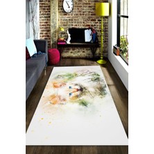 Modanoiva Kaymaz Dot Taban Yıkanabilir  Dijital Baskı Suluboya Efektli Etkileyici Bakışlar Kedi Salon Halısı 80 x 120