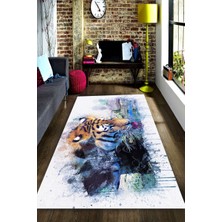 Modanoiva Kaymaz Dot Taban Yıkanabilir  Dijital Baskı Suluboya Efektli Su İçen Kaplan Salon Halısı 80 x 100