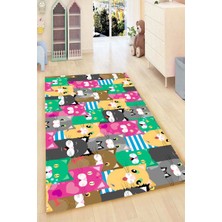 Modanoiva Kaymaz Dot Taban Yıkanabilir  Dijital Baskı Renkli Ve Sevimli Kedi Çizimleri Çocuk Halısı 80 x 100