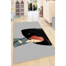 Modanoiva Kaymaz Dot Taban Yıkanabilir  Dijital Baskı Şemsiye Tutan Huzurlu Kız Çocuk Halısı 80 x 120