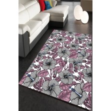 Modanoiva Kaymaz Dot Taban Yıkanabilir Dijital  Baskı Pembe Yapraklı Gri Tonlarında Tropical Çiçekler Salon Halısı 80 x 100