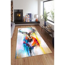 Modanoiva Kaymaz Dot Taban Yıkanabilir  Dijital Baskı Suluboya Geyik Tasarımı Salon Halısı 80 x 100