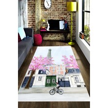 Modanoiva Kaymaz Dot Taban Yıkanabilir  Dijital Baskı Bisiklet Süren Kız Ve Paris Salon Halısı 80 x 120