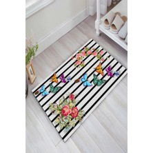 Modanoiva Kaymaz Dot Taban Yıkanabilir  Dijital Baskı Çiçekler Kelebekler Şeritler Dijital Baskılı Halı. Salon Halısı 80 x 100
