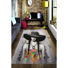 Modanoiva Kaymaz Dot Taban Yıkanabilir  Dijital Baskı Gizemli Portre Desenli Salon Halısı 80 x 120