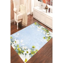Modanoiva Kaymaz Dot Taban Yıkanabilir  Dijital Baskı Beyaz Papatyalar Salon Halısı 80 x 100