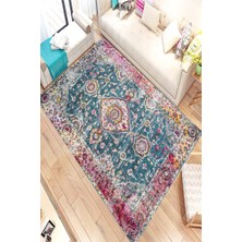 Modanoiva Kaymaz Dot Taban Yıkanabilir  Dijital Baskı Mavi Eskitme Desenli Salon Halısı 80 x 120