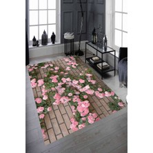 Modanoiva Kaymaz Dot Taban Yıkanabilir  Dijital Baskı Duvar ve Pembe Çiçekler Salon Halısı 80 x 120