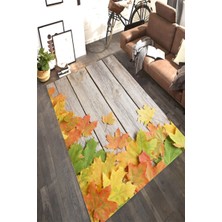 Modanoiva Kaymaz Dot Taban Yıkanabilir  Dijital Baskı Tahta ve Sonbahar Yapraklı Desenli Salon Halısı 80 x 100
