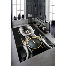 Modanoiva Kaymaz Dot Taban Yıkanabilir  Dijital Baskı Saat ve Afrika Tasarımlı Salon Halısı 160 x 160