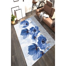 Modanoiva Kaymaz Dot Taban Yıkanabilir  Dijital Baskı Mavi Kantaron Çiçeği Desenli Salon Halısı 80 x 100