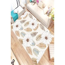Modanoiva Kaymaz Dot Taban Yıkanabilir  Dijital Baskı Renkli Yapraklı Papatya Desenli Salon Halısı 80 x 120