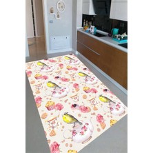 Modanoiva Kaymaz Dot Taban Yıkanabilir  Dijital Baskı Fincan ve Kuş Desenli Mutfak Halısı 80 x 120