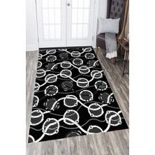 Modanoiva Kaymaz Dot Taban Yıkanabilir  Dijital Baskı Siyah Beyaz Zincir Tasarımlı Salon Halısı 80 x 120