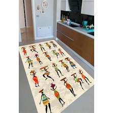 Modanoiva Kaymaz Dot Taban Yıkanabilir  Dijital Baskı Afrika Yerlileri Tasarımlı Mutfak Halısı 80 x 100